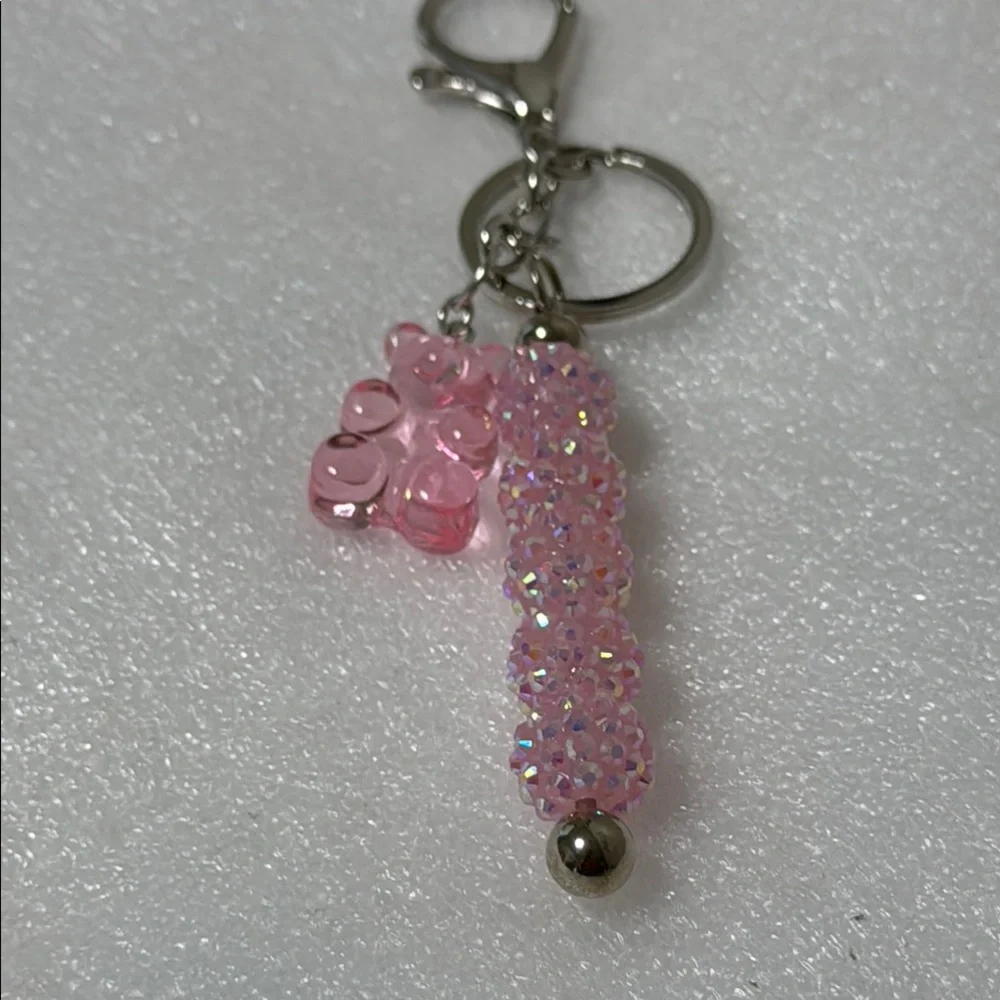 Pink Beaded Keychain with Bear Charm